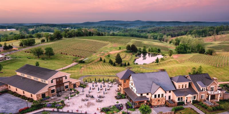 Stone Tower Winery Leesburg Virginia USA Aerial view at sunset of Stone Tower Winery in Leesburg, Virginia, USA